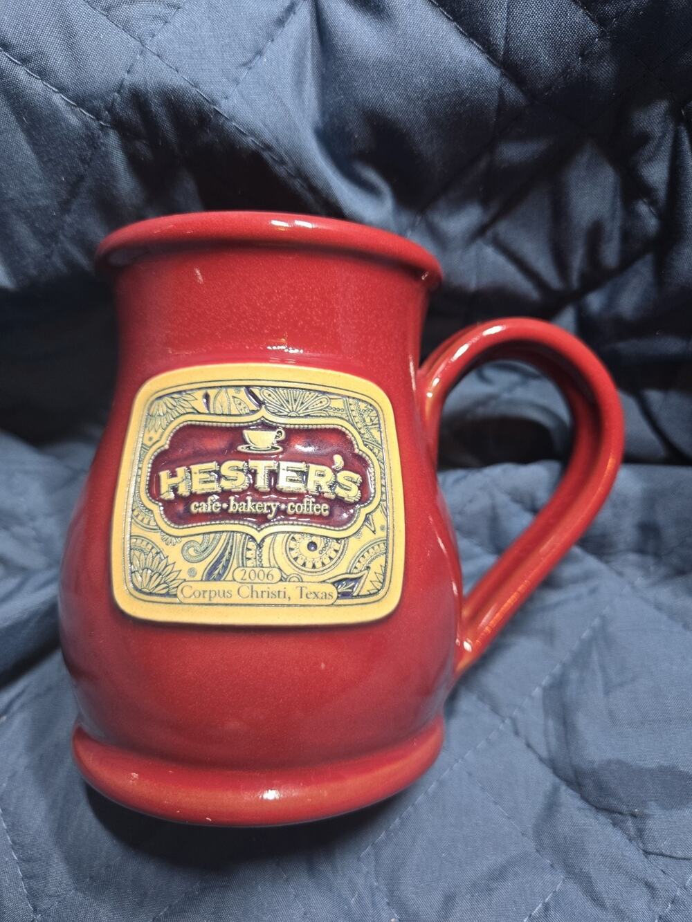 Deneen Pottery Hester's Cafe Green Stoneware Coffee Mug Corpus Christi TX 2006